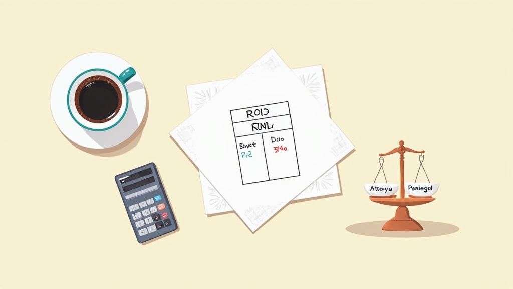 Overhead view of a desk with coffee, calculator, financial papers, and a legal scale.