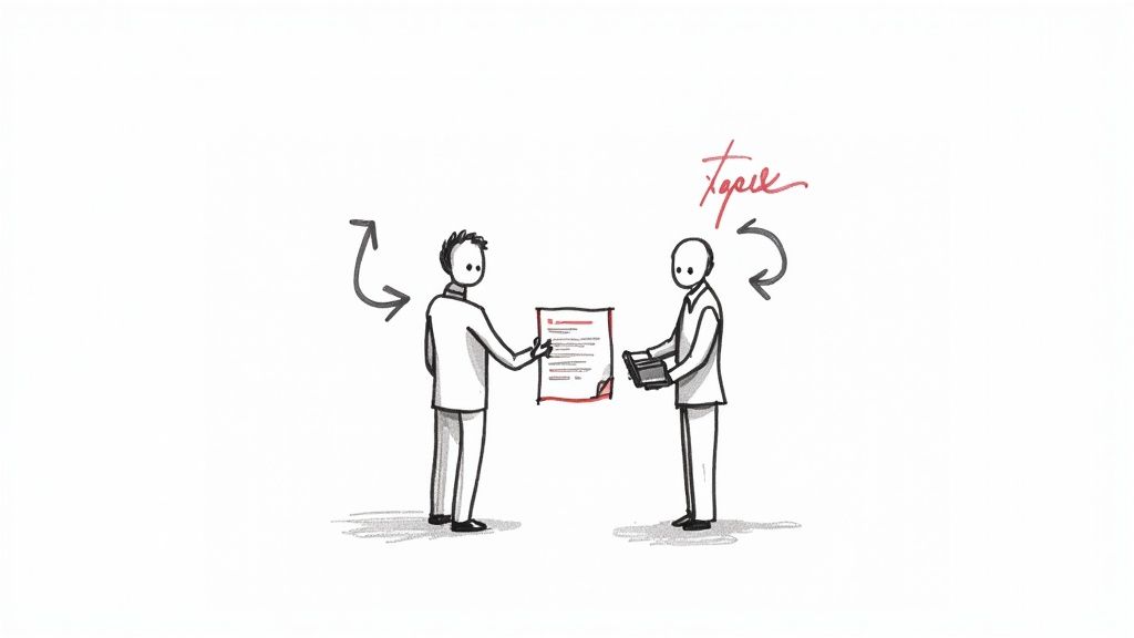A person signing a contract, representing the offer and onboarding phase.