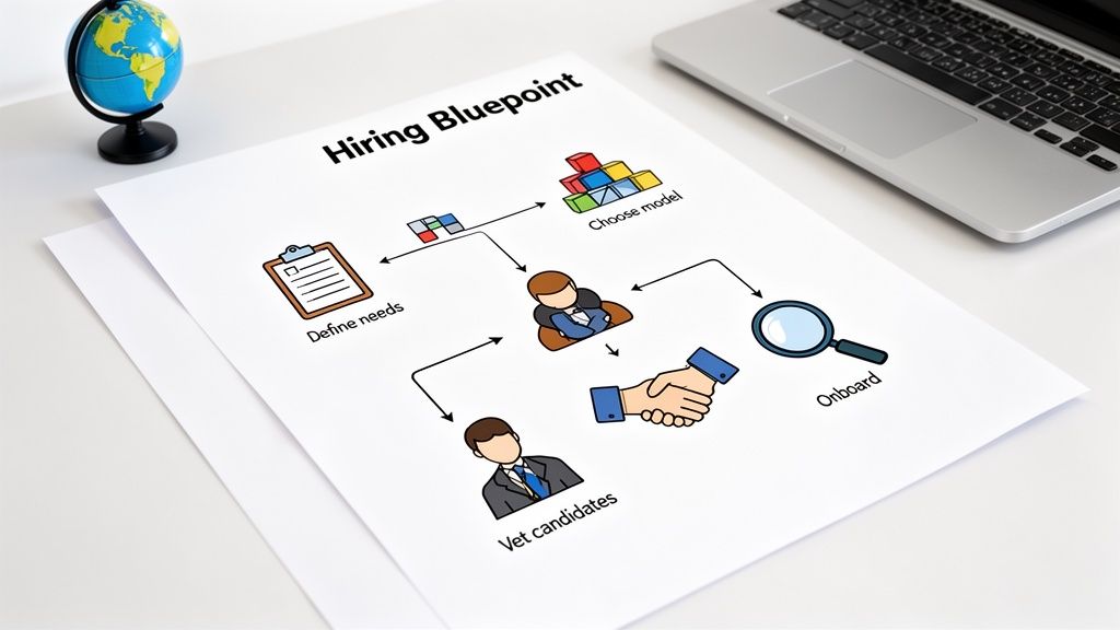 A hiring blueprint flowchart on a white desk, detailing steps for defining needs, choosing models, vetting candidates, and onboarding.
