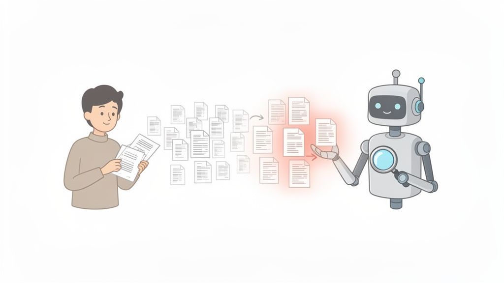 Cartoon of a man sending documents to a robot reviewing them with a magnifying glass, symbolizing automated document processing.