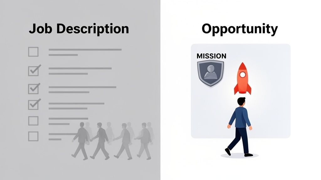 An image comparing job description requirements to a mission-driven opportunity, showing a checklist versus a rocket and mission shield.