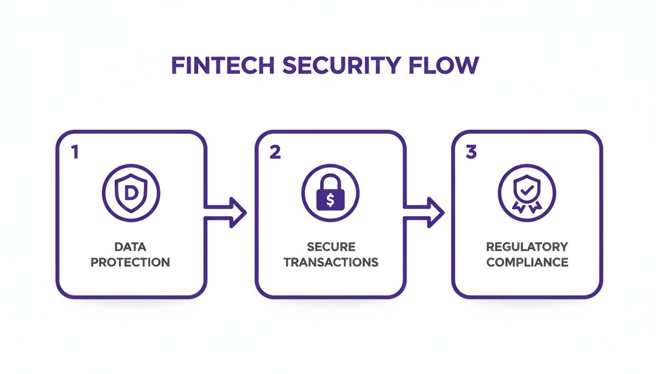A diagram illustrating the three-step fintech security flow: data protection, secure transactions, and regulatory compliance.