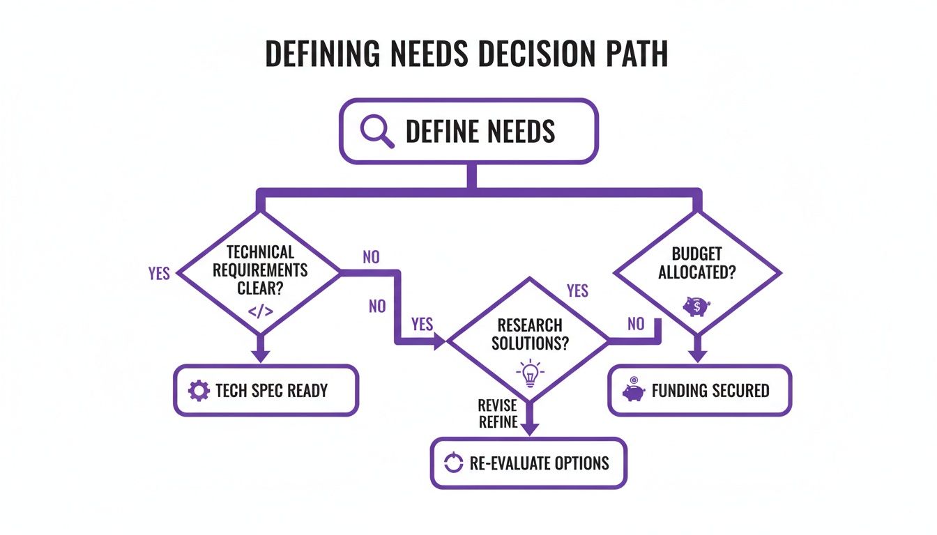 Flowchart illustrating the decision path for defining project needs, including technical requirements and budget.