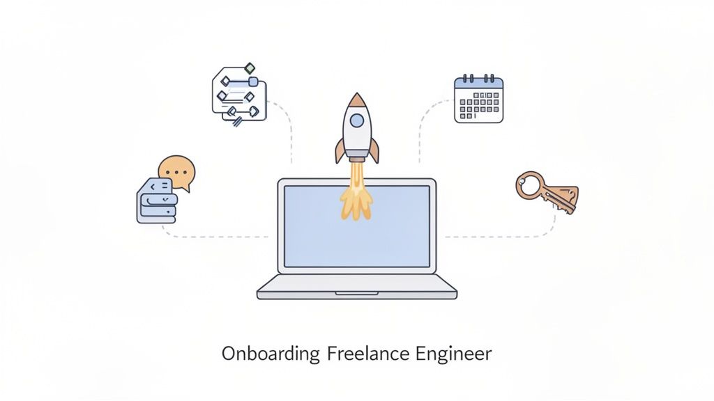 Illustrative icons around a laptop showing a rocket launch, checklist, calendar, books, and key for freelance engineer onboarding.