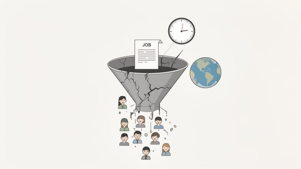 Illustration of a cracked funnel with a 'JOB' document, leaking people, symbolizing a broken job market.
