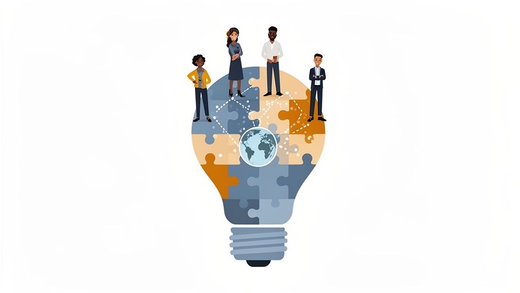 Diverse team members stand on a a puzzle piece lightbulb, representing global collaboration and innovative ideas.