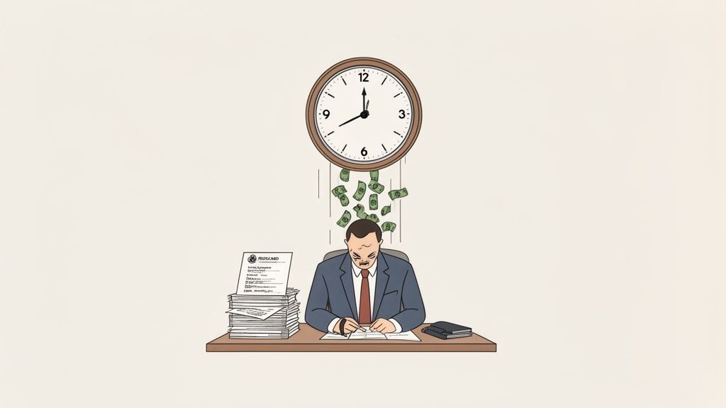Illustration of a man in a suit diligently working at a desk, with money falling from a clock above.