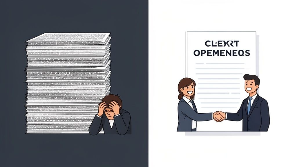 Left: a stressed person overwhelmed by a huge stack of complex documents. Right: two happy people shaking hands over a simplified document.