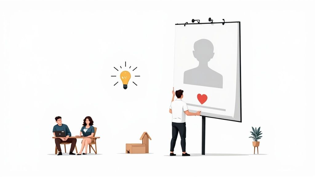 Team collaborating on recruitment process with presentation board showing candidate profile and heart symbol