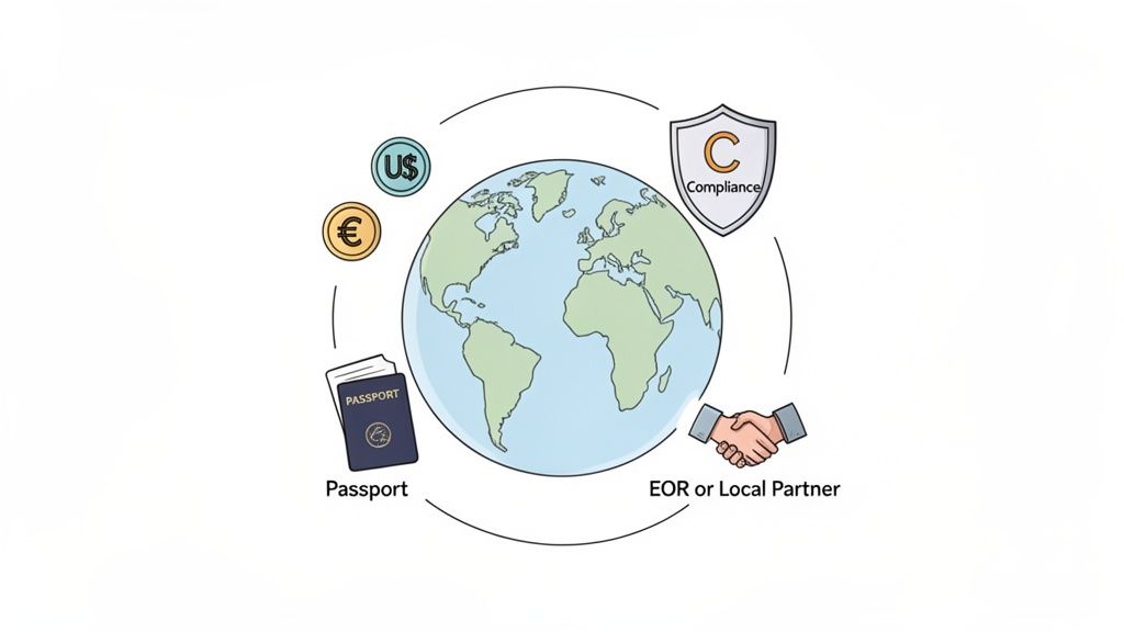 Illustration showing global business elements: currency, passports, compliance, and international partnerships around the Earth.