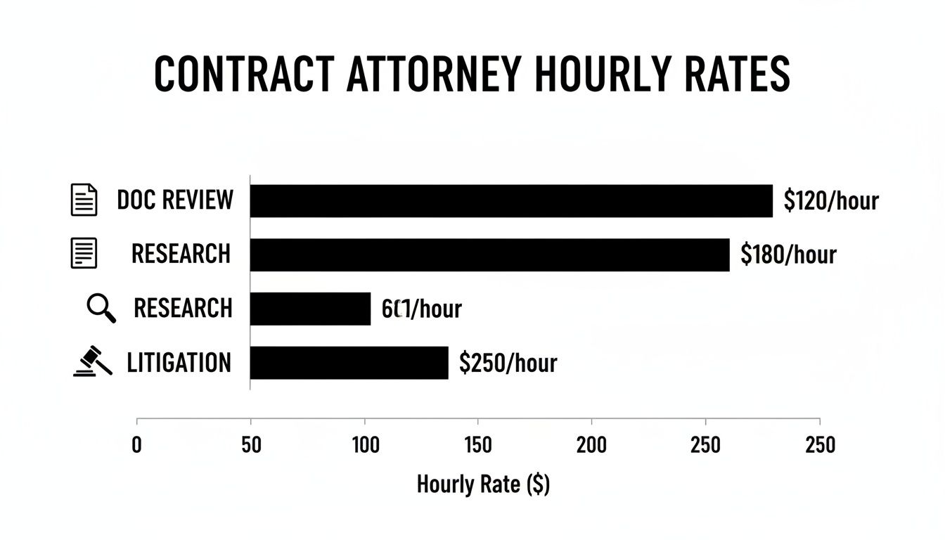 Bar chart displaying contract attorney hourly rates for document review, research, and litigation services.