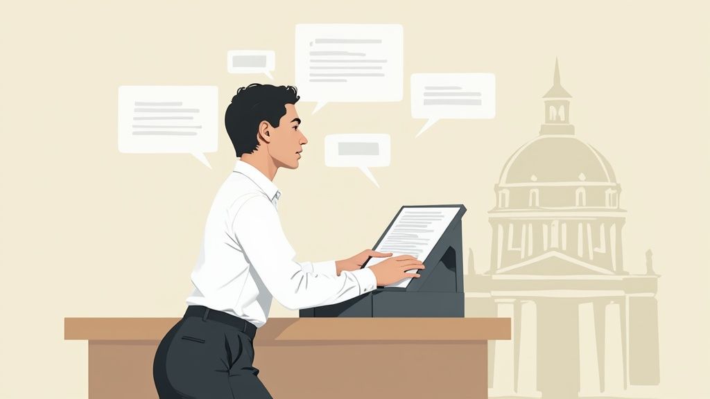 Professional man giving a speech at a podium with text bubbles and a government building in the background.