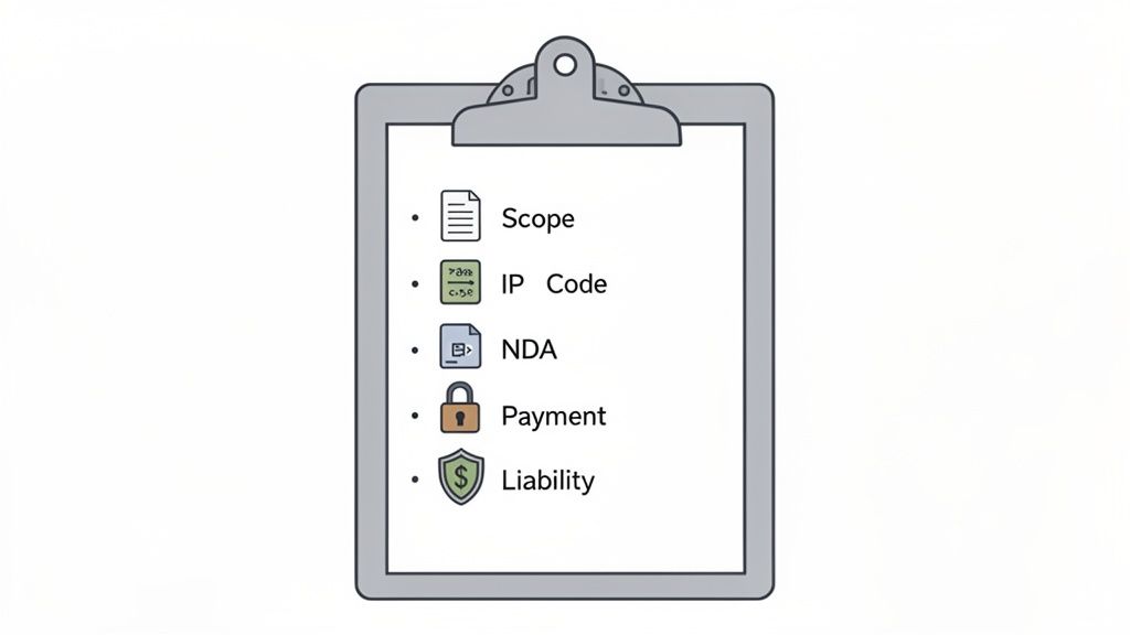 A checklist on a clipboard detailing key elements of a software engineering contract: Scope, IP Code, NDA, Payment, and Liability.