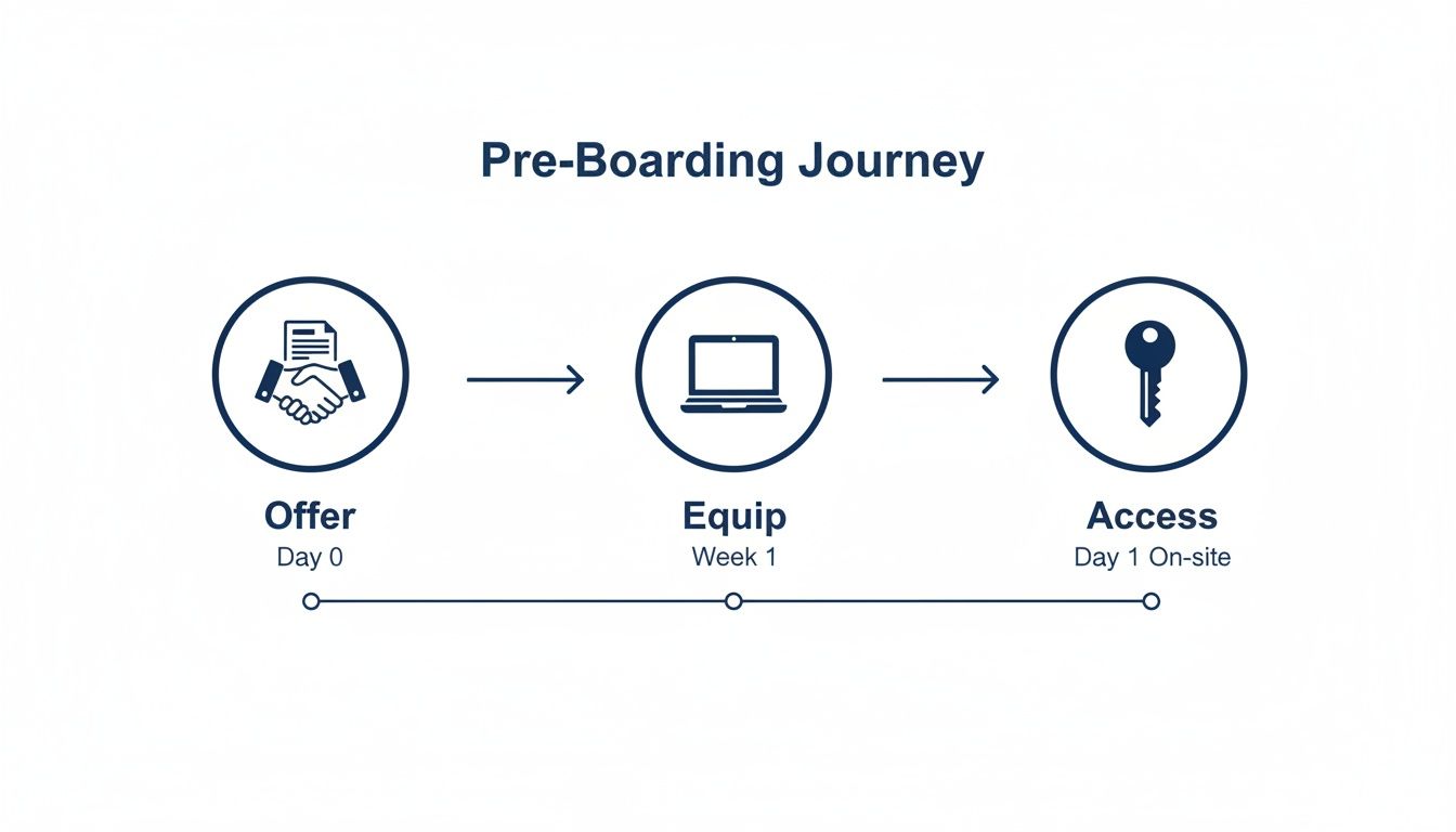 Infographic illustrating the pre-boarding journey with stages: Offer (Day 0), Equip (Week 1), and Access (Day 1 On-site).