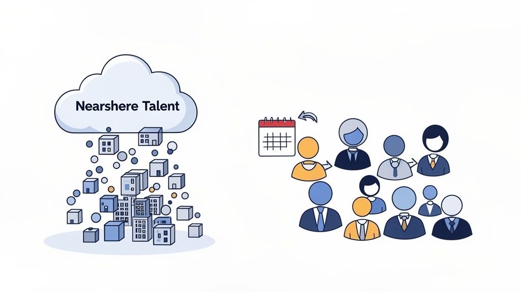 Cloud labeled 'Nearshore Talent' raining buildings and circles, forming a diverse team.