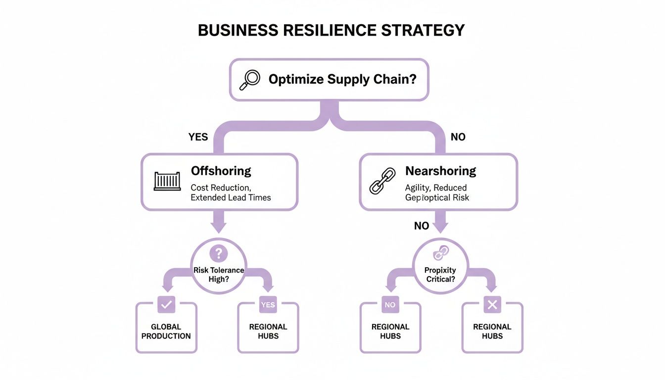 Flowchart showing business resilience strategy decisions: Offshoring vs. Nearshoring, leading to Global Production or Regional Hubs.