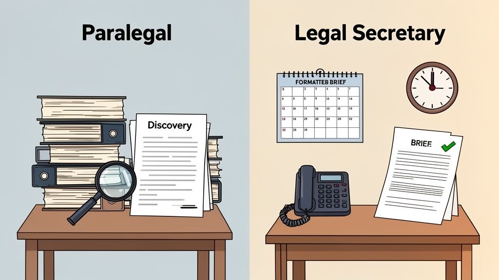 An illustration comparing the office desks of a paralegal and a legal secretary, highlighting their distinct job responsibilities.
