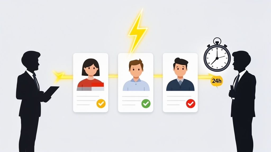 Business professionals review candidate profiles with lightning speed and a 24-hour recruitment deadline.