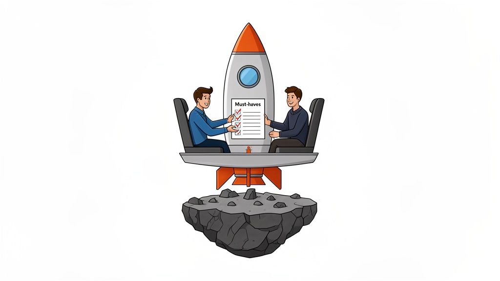 Two men in a rocket discussing a 'Must-haves' checklist, symbolizing startup recruitment.