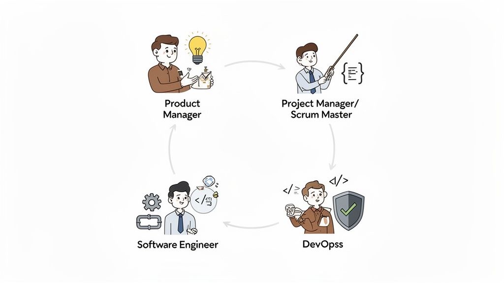 A circular diagram showing the software development lifecycle roles: Product Manager, Project Manager/Scrum Master, DevOps, and Software Engineer.