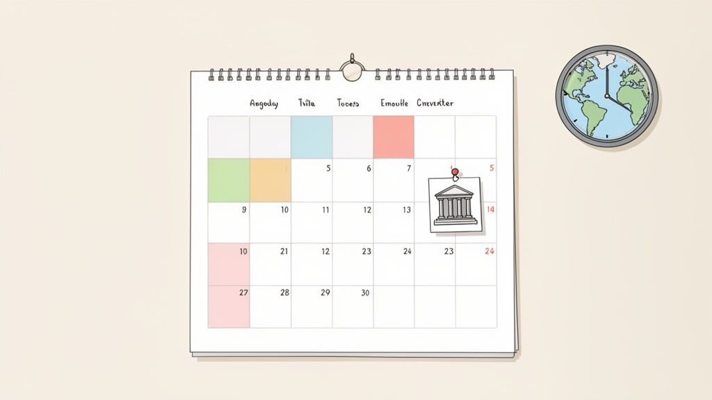 A cartoon calendar shows dates, colorful highlights, a pinned building icon, and a world map clock.