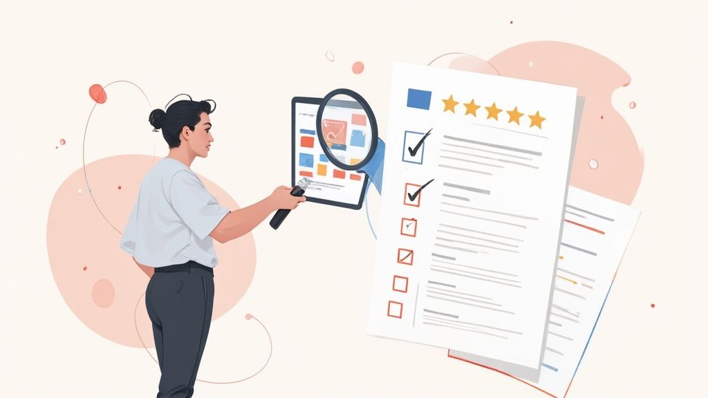 A person vetting a design portfolio on a laptop.