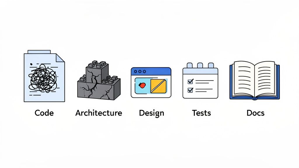 Illustration of five software development components: messy code, cracked architecture, design, tests, and documentation.