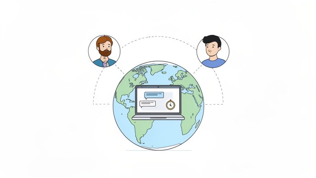 Illustration of global remote communication with two users chatting via a laptop on Earth.