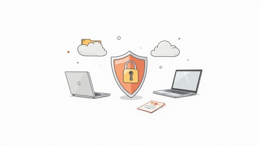 Two laptops with security shield and cloud storage illustrating online data protection and cybersecurity