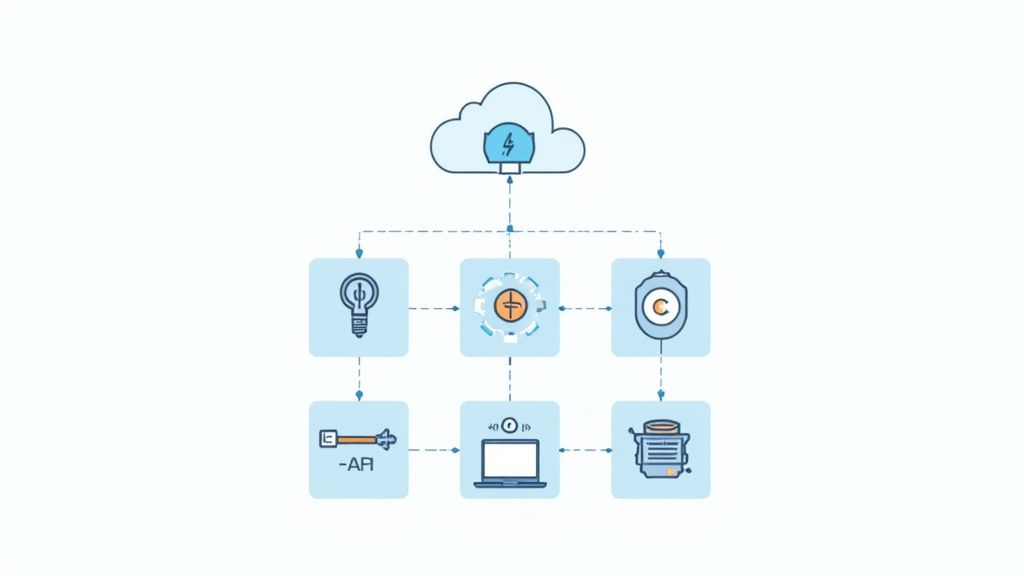Conceptual diagram showing a cloud-based software development architecture with API, data, and processing modules.