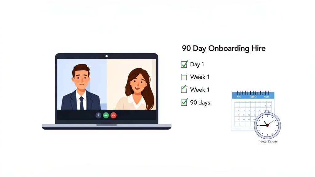 A laptop showing a video call, alongside a 90-day onboarding checklist, calendar, and clock.