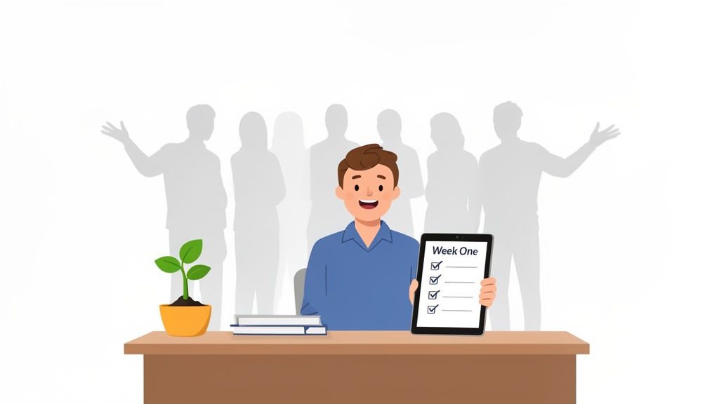 A man at a desk holds a tablet with a 'Week One' checklist, backed by team silhouettes.