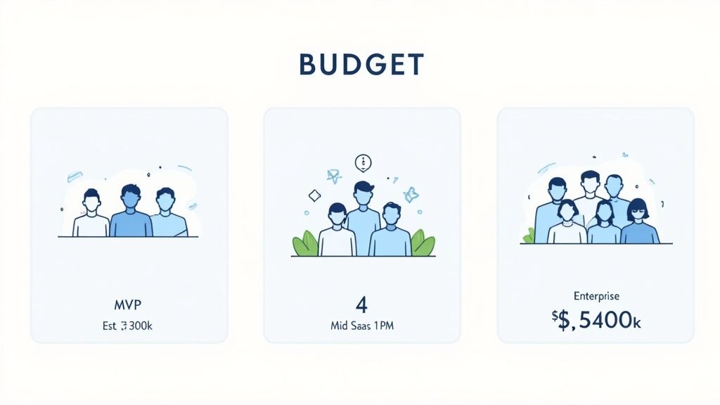 Three budget tiers for software development: MVP, Mid SaaS, and Enterprise, with associated costs and team sizes.