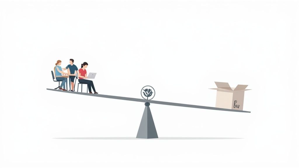 Three people on a seesaw outweigh a 'Buy' box, illustrating insourcing value over outsourcing.
