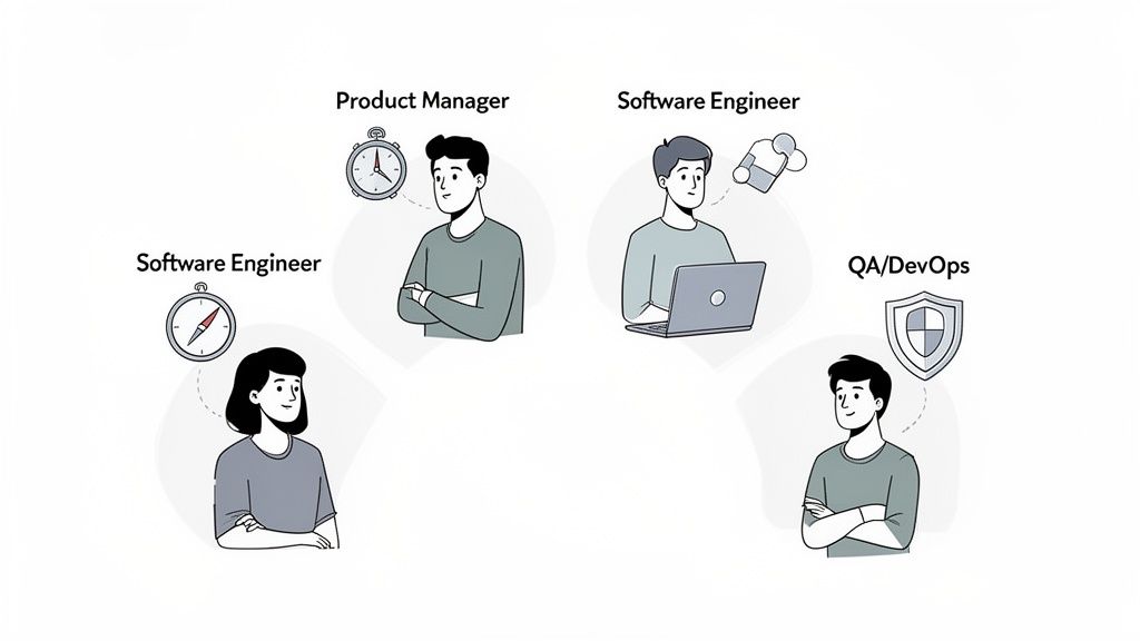 Illustrations of product manager, software engineers, and QA/DevOps roles with their respective tools and symbols.