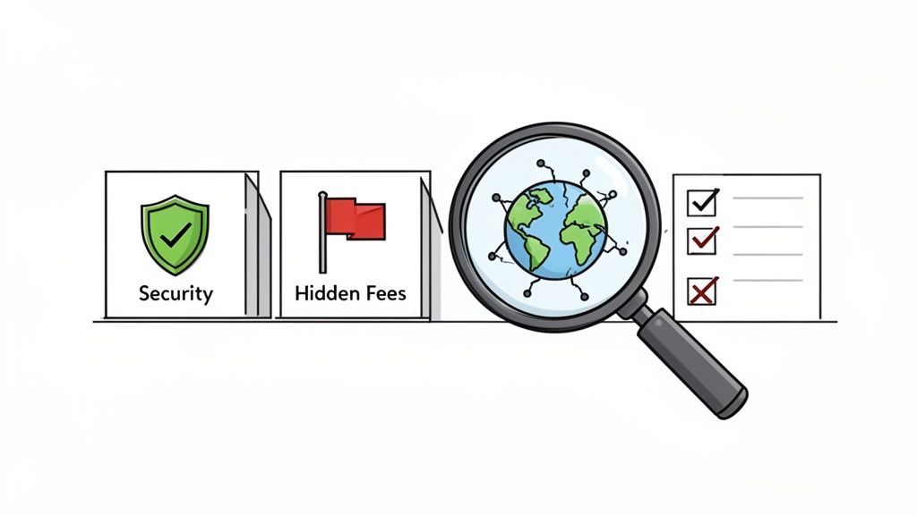 An illustration depicting the evaluation of security, hidden fees, and global service aspects with a checklist.