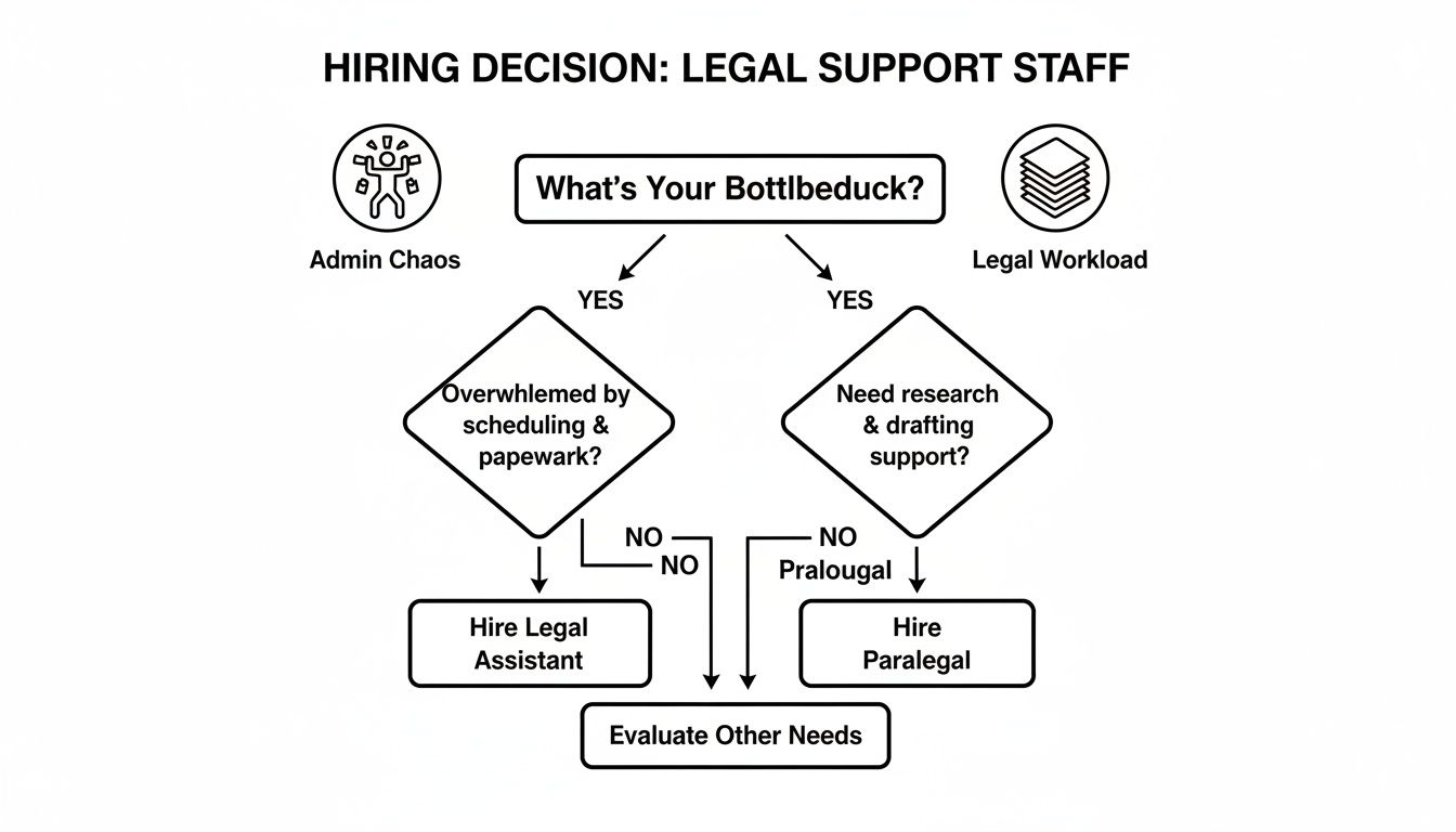 Flowchart for hiring legal support staff, detailing decisions for legal assistant or paralegal based on administrative or legal workload needs.