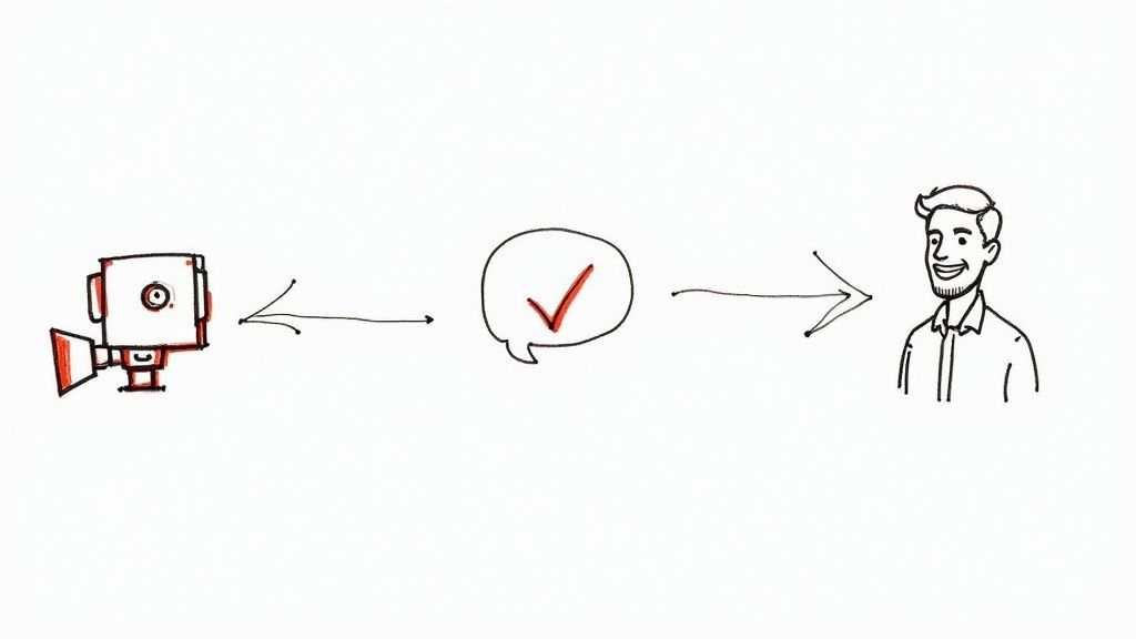 A person smiling warmly into a webcam, creating a welcoming and personal atmosphere for a video interview.