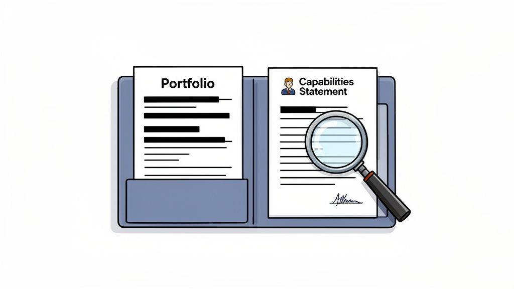 A folder with 'Portfolio' and 'Capabilities Statement' documents, with a magnifying glass reviewing the latter.