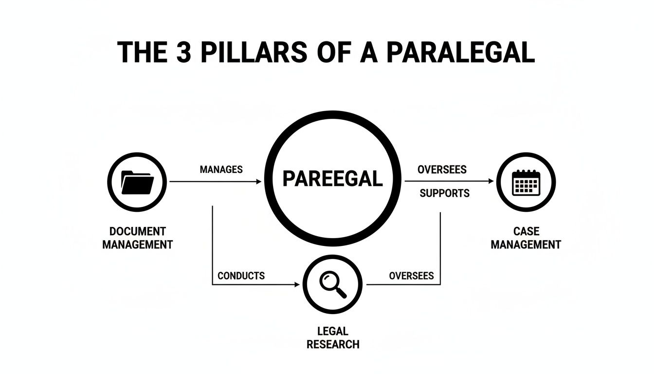 Diagram illustrating the three core pillars of a paralegal's role: document management, legal research, and case management.