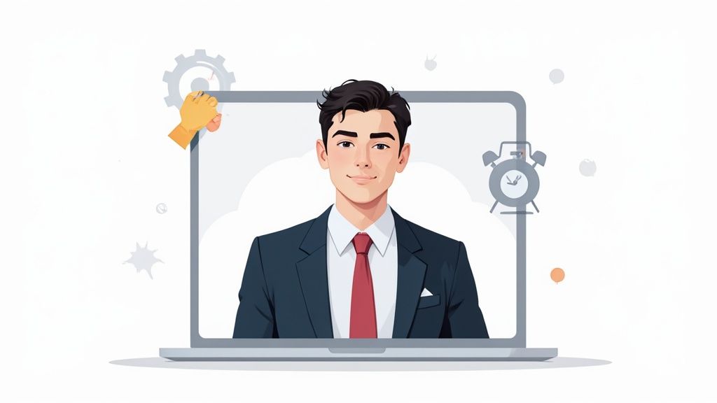 Young professional in a suit on a laptop screen, symbolizing remote work and time efficiency.