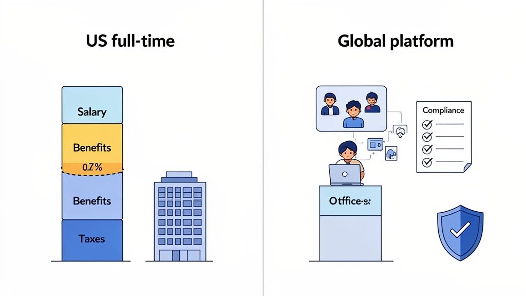 Illustration comparing US full-time employment costs (salary, benefits, taxes) with a global platform's compliant remote work advantages.