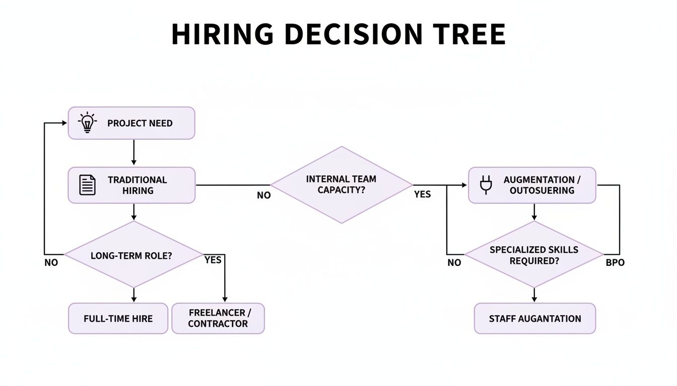 A hiring decision tree flowchart guiding through project needs, team capacity, and role duration.