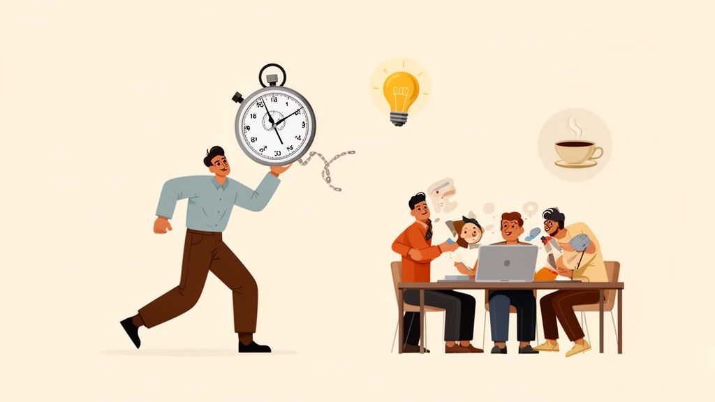 A man runs with a large stopwatch while a team collaborates at a table with ideas and coffee.