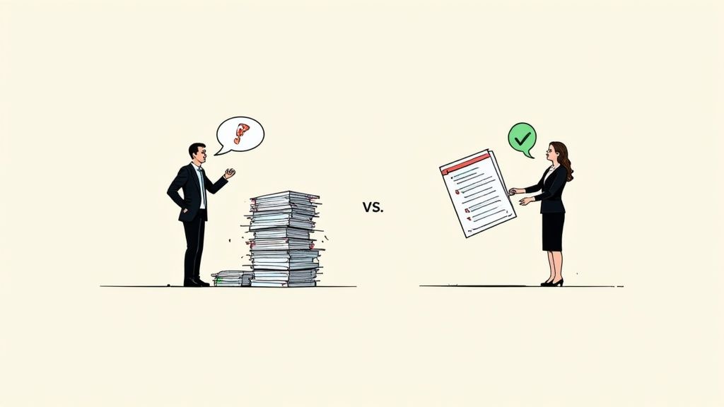 Illustration contrasting a man overwhelmed by a large stack of papers with a woman holding a completed, checked document.