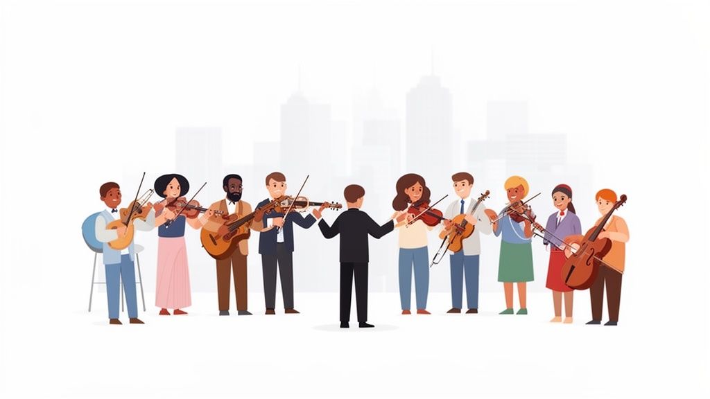 A diverse group of musicians playing string instruments, led by a conductor, against a city skyline.