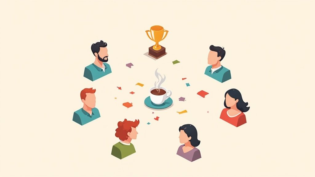 Isometric illustration of a diverse team celebrating achievement with coffee, confetti, and a trophy.