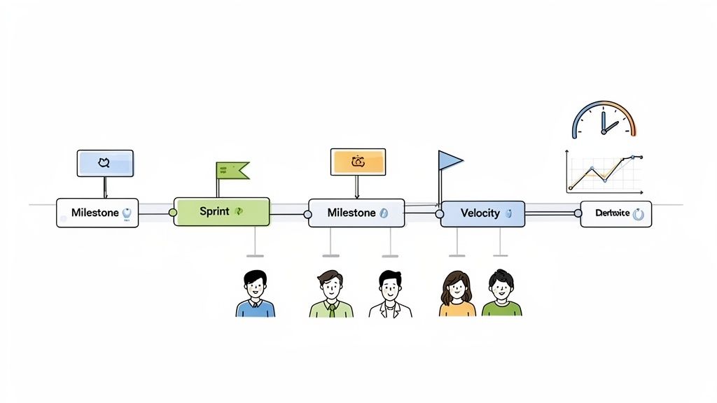 An agile project management timeline with milestones, sprints, velocity, and team members.