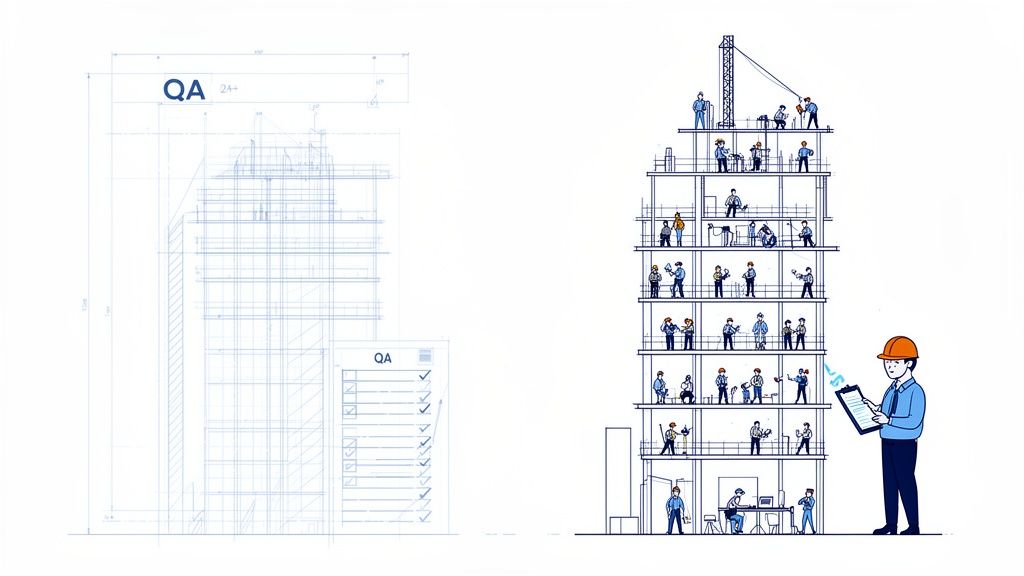 Blueprint building with QA checklist beside a construction site with workers and a QA inspector.