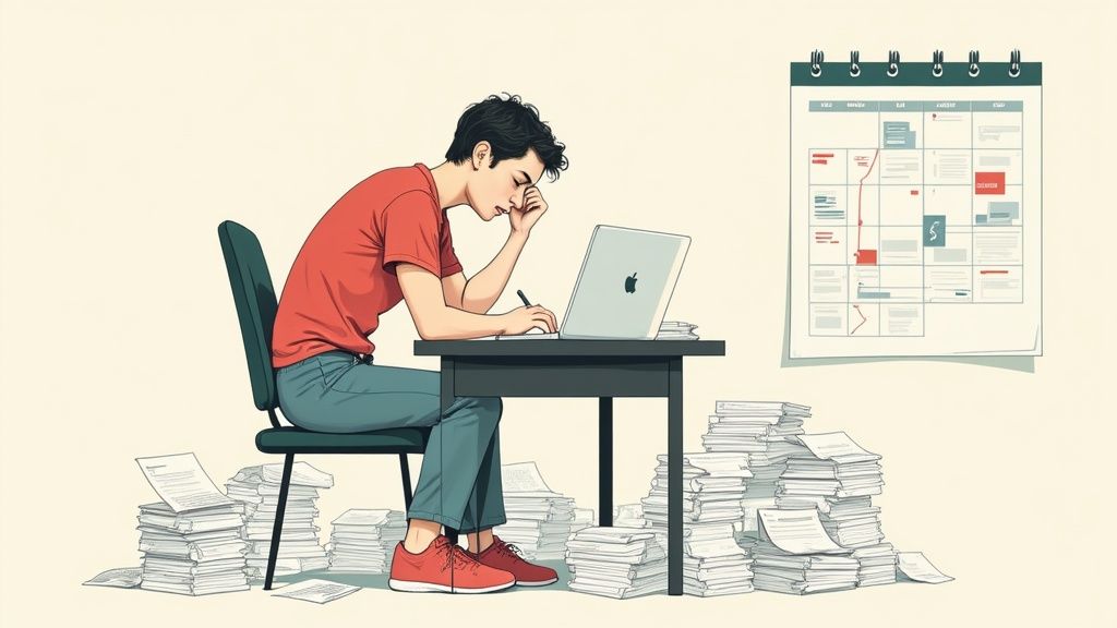 A stressed person works on a laptop at a desk surrounded by paper piles and a calendar.